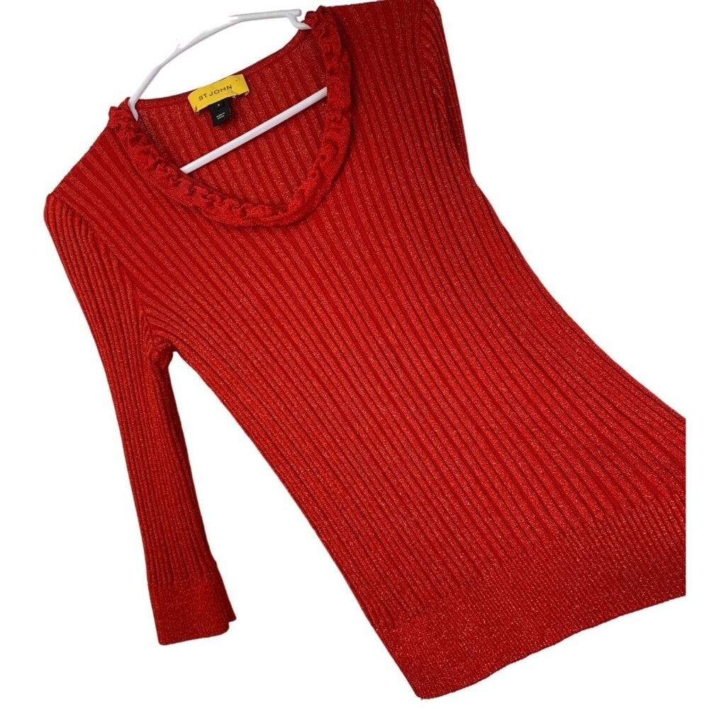Retro St. John Womens Red Metallic Rib Knit V-Neck Sweater S GUC 7529 3/4 Slv